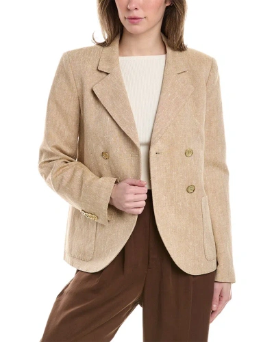 Lafayette 148 Double Breasted Silk & Linen-blend Blazer In Beige