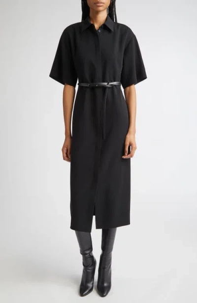 Lafayette 148 New York Drop Shoulder Belted Finesse Crepe Midi Shirtdress In Black