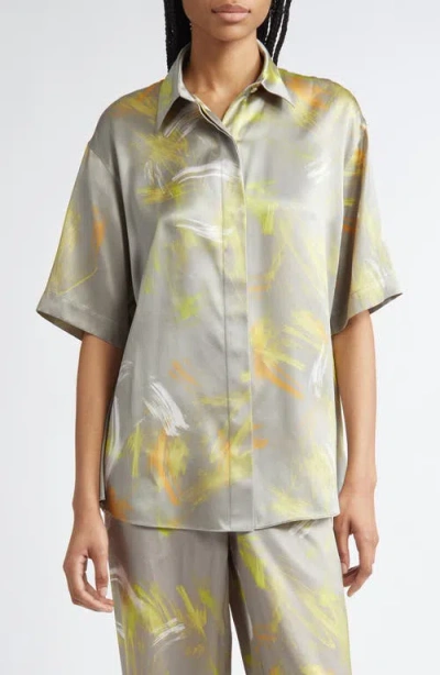 Lafayette 148 New York Drop Shoulder Short Sleeve Silk Button-up Top In Pencil Grey Multi