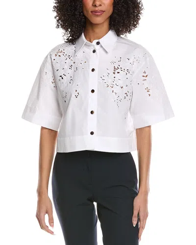 Lafayette 148 New York Embroidered Button Front Cropped Shirt In White