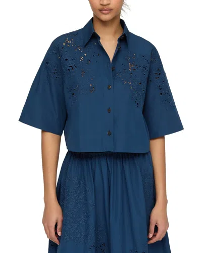Lafayette 148 New York Embroidered Button Front Cropped Top In Blue