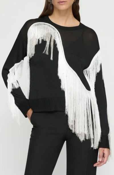 Lafayette 148 New York Embroidered Fringe Crewneck Sweater In Black Multi