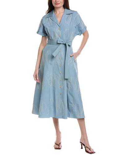 Lafayette 148 New York Embroidered Notch Lapel Shirtdress In Blue