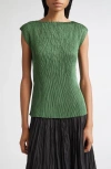 Lafayette 148 Satin Plisse Smocked Sleeveless Blouse In Green