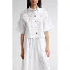 Lafayette 148 New York Eyelet Organic Cotton Poplin Crop Button-up Shirt In White