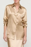 Lafayette 148 New York Fitted Silk Stretch Charmeuse Button-up Shirt In Brown