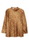 Lafayette 148 Mini Floating Leaves Print Textured Silk Satin Blouse In Camel Multi