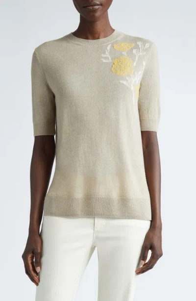 Lafayette 148 New York Floral Jacquard Detail Cashmere & Silk Sweater In Khaki Multi