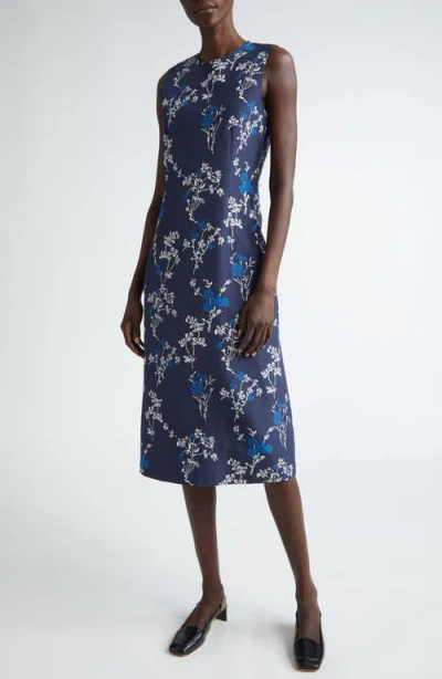 Lafayette 148 New York Floral Print Sleeveless Silk & Linen Sheath Dress In Midnight Blue Multi