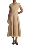 Lafayette 148 Sleeveless Fringe-trim Linen Midi Dress In Gravel