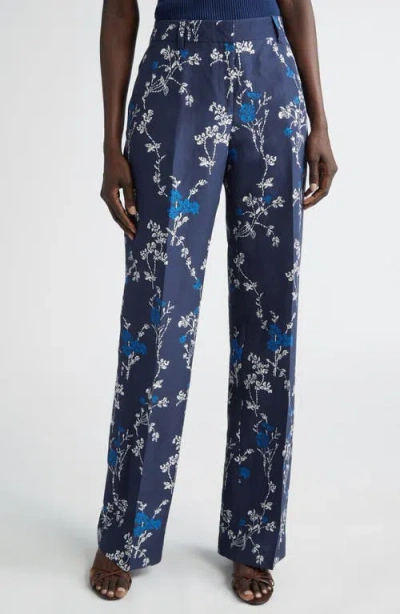 Lafayette 148 New York Gates Floral Silk & Linen Trousers In Blue