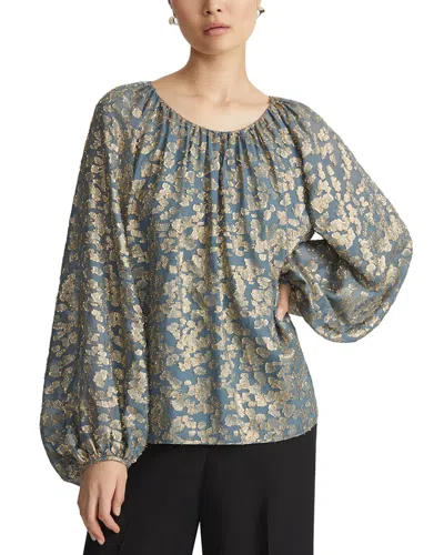 Lafayette 148 New York Gathered Neck Balloon Sleeve Silk-blend Blouse In Blue