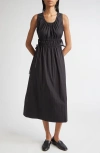 Lafayette 148 New York Gathered Waist Sleeveless Cotton Blend Midi Dress In Black