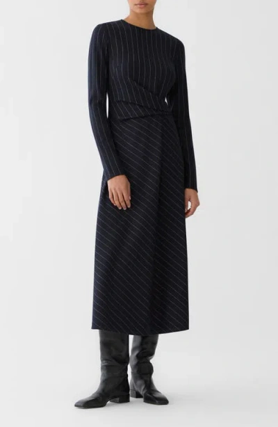 Lafayette 148 New York Gathered Waist Wool & Cotton Midi Dress In Navy Multi