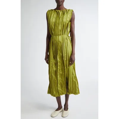 Lafayette 148 New York Glossy Pleated Effect Belted Midi Dress In Kiwi