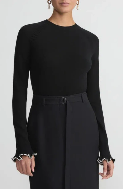 Lafayette 148 New York Hand Beaded Faux Pearl Cashmere Sweater In Black