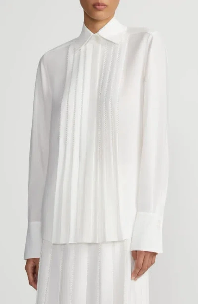 Lafayette 148 Pleated Pearly Beaded Blouse In Cloud