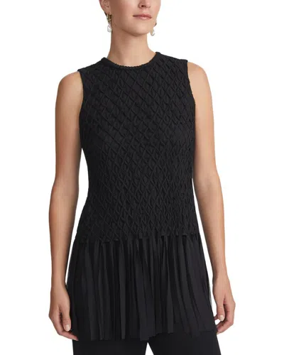 Lafayette 148 New York Hand-smocked Lattice Fringe Silk Blouse In Black