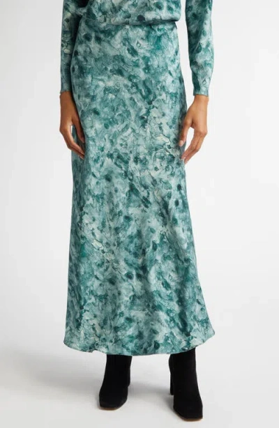 Lafayette 148 New York Impasto Print Bias Cut Textured Stretch Silk Maxi Skirt In Deep Malachite Multi