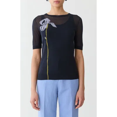 Lafayette 148 New York Iris Intarsia Short Sleeve Finespun Voile Sweater In Blue