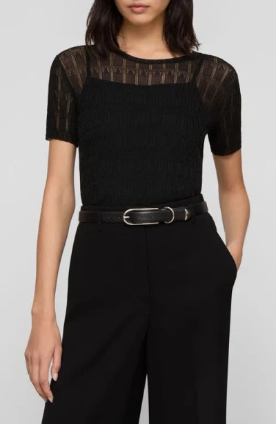 Lafayette 148 New York Lace Stitch Short Sleeve Sweater In Black