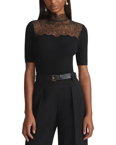 Lafayette 148 New York Lace Trim Ribbed Sweater In Black