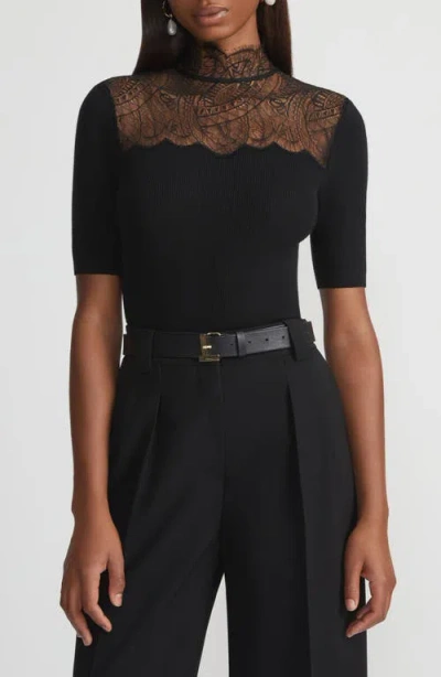 Lafayette 148 New York Lace Trim Wool Sweater In Black