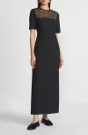 Lafayette 148 Wool-silk Crepe Lace Yoke Sheath Dress In Black