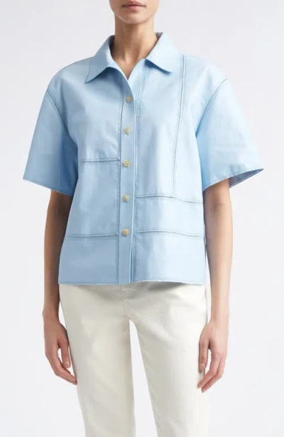 Lafayette 148 New York Ladder Stitch Inset Paneled Tumbled Leather Shirt In Blue