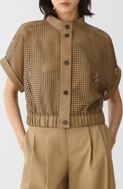 Lafayette 148 Grid Cutout Nappa Leather Short Sleeve Jacket In Brown