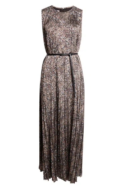 Lafayette 148 New York Leopard Print Accordion Pleat Belted Satin A-line Dress In Multi