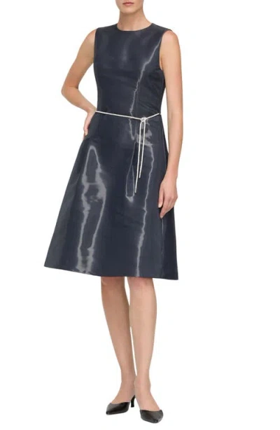 Lafayette 148 New York Liquid Twill A-line Dress With Embellished Belt In Blue