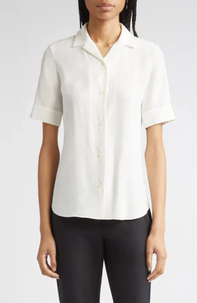 Lafayette 148 New York Matte Silk Notch Collar Slim Short Sleeve Button-up Shirt