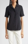Lafayette 148 New York Matte Silk Notch Collar Slim Short Sleeve Button-up Shirt In Black