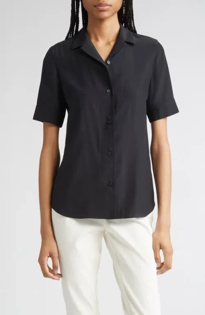 Lafayette 148 New York Matte Silk Notch Collar Slim Short Sleeve Button-up Shirt In Black