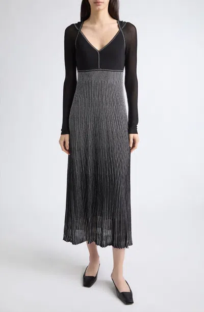 Lafayette 148 New York Metallic Stripe Long Sleeve Rib Sweater Dress In Black