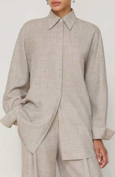 Lafayette 148 New York Oversize Tropical Wool Bend Shirt With Removable Crystal Embellished Collar In Neutral