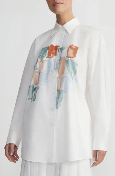 Lafayette 148 Painter's Palette Print Cotton Poplin Oversized Shirt-white Multi-l