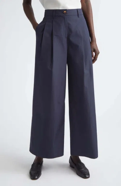 Lafayette 148 New York Park Pleated Organic Cotton Poplin Wide Leg Ankle Pants In Blue