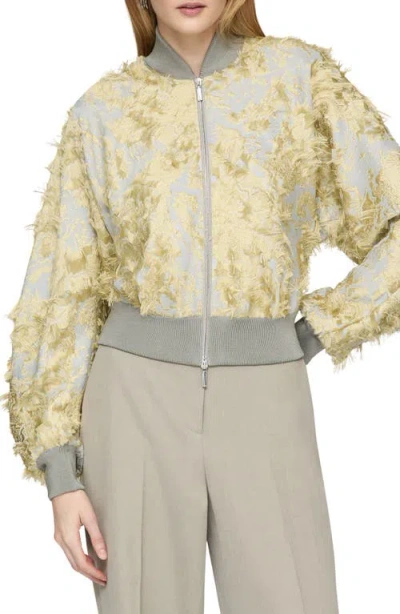 Lafayette 148 New York Pastel Dust Jacquard Fringe Dolman Sleeve Bomber Jacket In Pencil Grey Multi