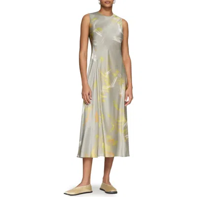 Lafayette 148 New York Pastel Smudge Pleated Asymmetric Silk Satin Dress In Pencil Grey Multi