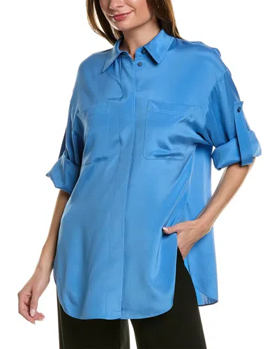 Lafayette 148 New York Patch Pocket Silk-blend Shirt In Blue