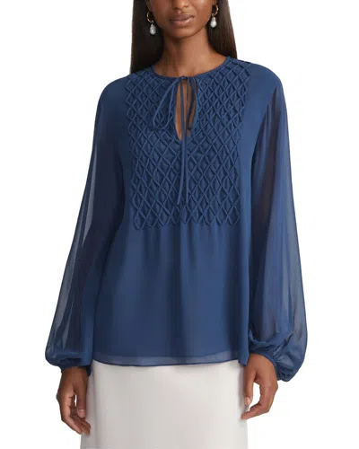 Lafayette 148 New York Petite Hand-smocked Lattice Top In Blue
