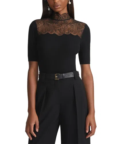 Lafayette 148 New York Petite Lace Trim Ribbed Sweater In Black