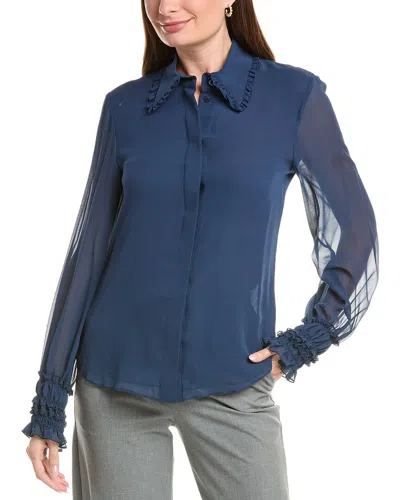 Lafayette 148 New York Pleated Collar Balloon Sleeve Silk Blouse In Blue