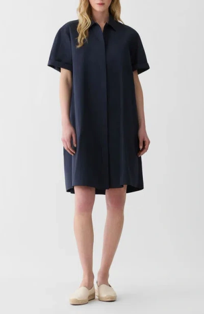 Lafayette 148 New York Pleated Organic Cotton Poplin Shirtdress In Blue