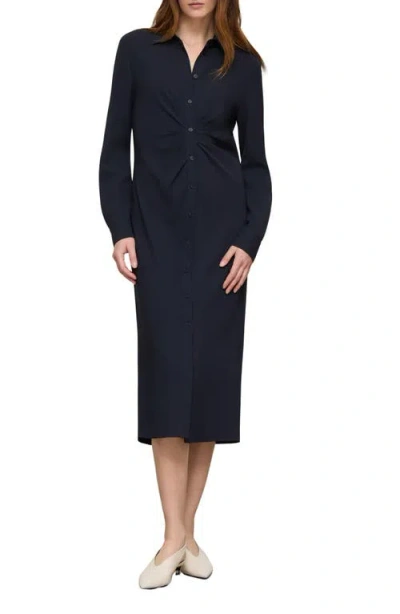 Lafayette 148 New York Pleated Waist Long Sleeve Finesse Crepe Shirtdress In Black