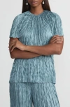 Lafayette 148 Iridescent Twill Plissã© Short Sleeve Blouse In Lagoon Green