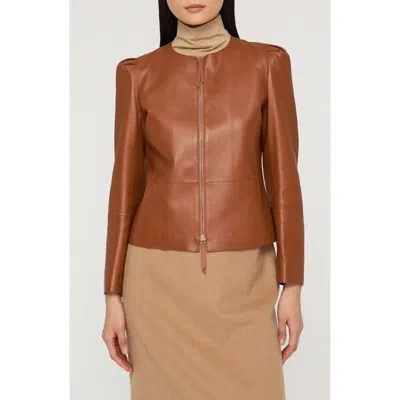 Lafayette 148 New York Puff Shoulder Lambskin Leather Jacket In Brown