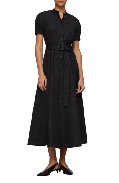 Lafayette 148 New York Puff Sleeve Belted Cotton Poplin Shirt Dress In Black